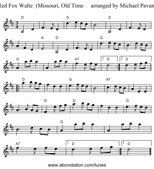 Red Fox Waltz  (Missouri, Old Time     arranged by Michael Pavan) - staff notation