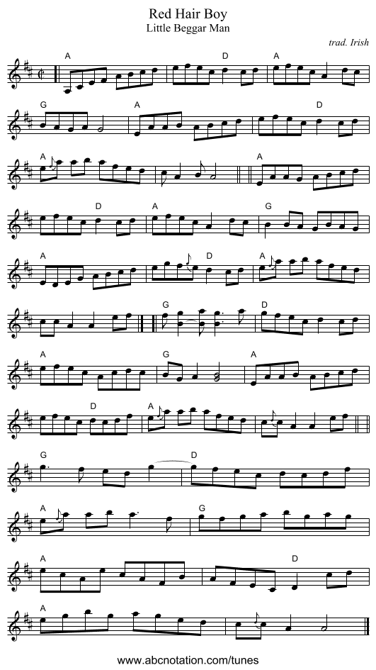 Red Hair Boy - staff notation