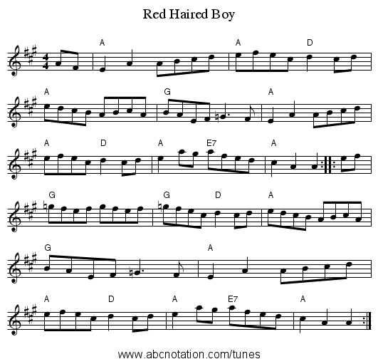 Red Haired Boy - staff notation