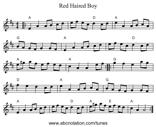 Red Haired Boy - staff notation