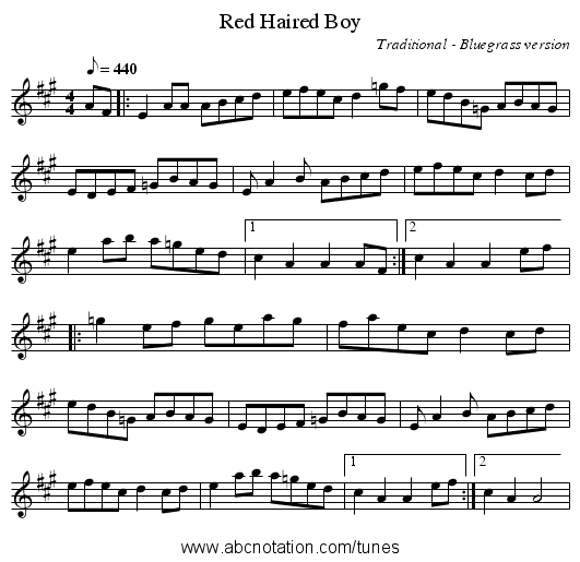 Red Haired Boy - staff notation