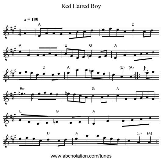 Red Haired Boy - staff notation