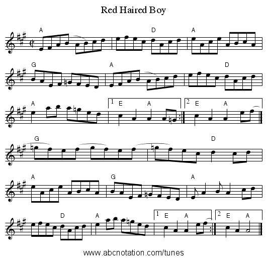 Red Haired Boy - staff notation