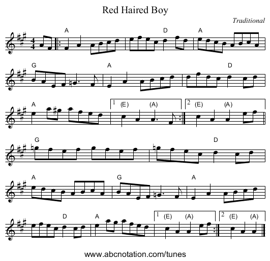 Red Haired Boy - staff notation