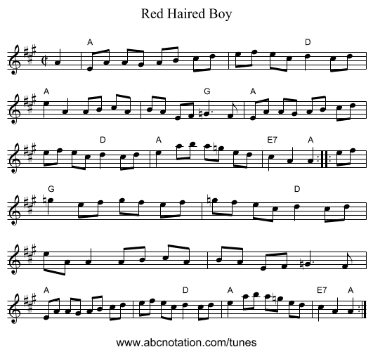 Red Haired Boy - staff notation