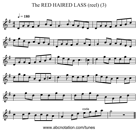 RED HAIRED LASS (reel) (3), The - staff notation