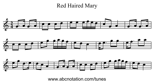 Red Haired Mary - staff notation