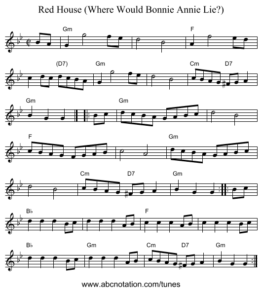 Red House (Where Would Bonnie Annie Lie?) - staff notation