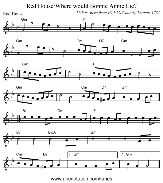 Red House/Where would Bonnie Annie Lie? - staff notation