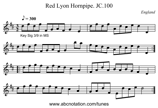 Red Lyon Hornpipe. JC.100 - staff notation