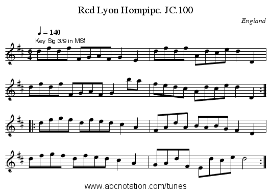 Red Lyon Hornpipe. JC.100 - staff notation