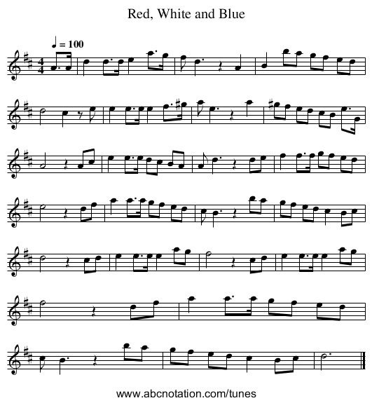 Red, White and Blue - staff notation