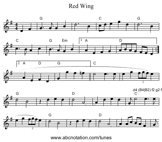 Red Wing - staff notation