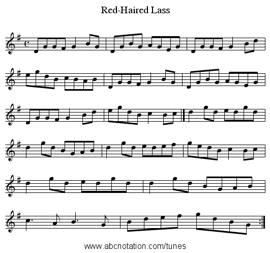 Red-Haired Lass - staff notation