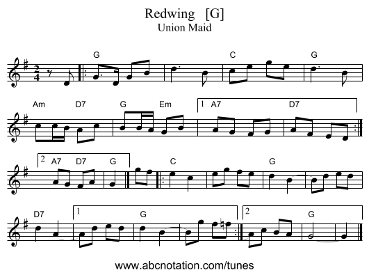Redwing   [G] - staff notation