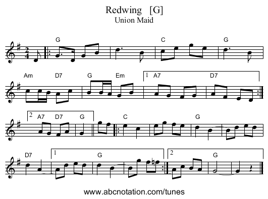 Redwing   [G] - staff notation