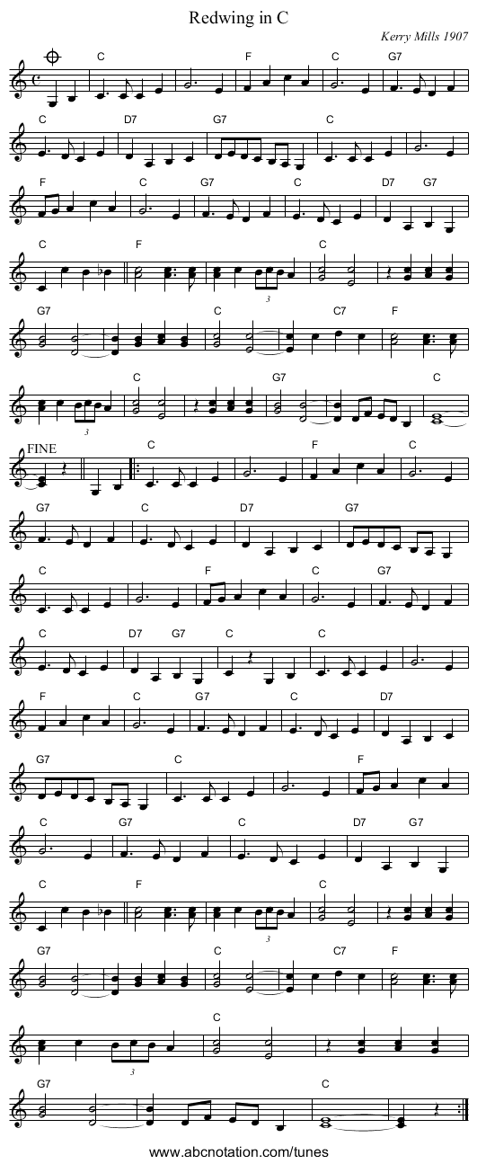 Redwing in C - staff notation