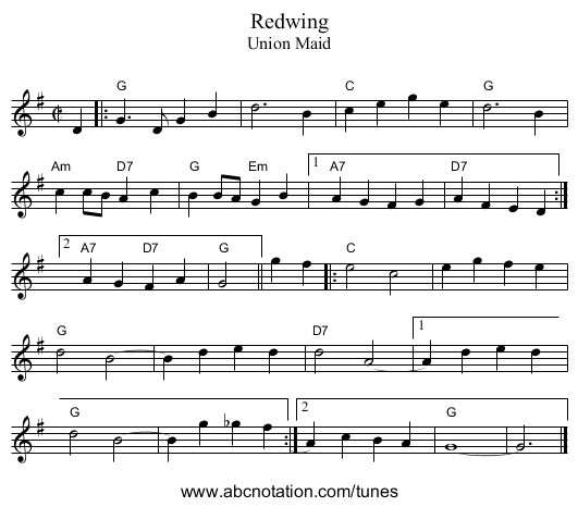 Redwing - staff notation