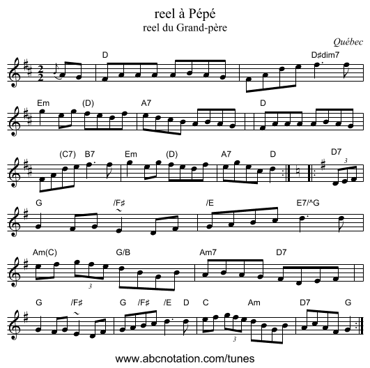reel &agrave; P&eacute;p&eacute; - staff notation