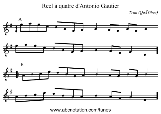Reel à quatre d'Antonio Gautier - staff notation