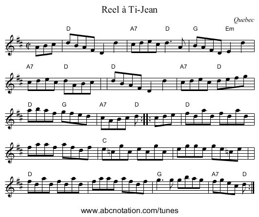 Reel &agrave; Ti-Jean - staff notation