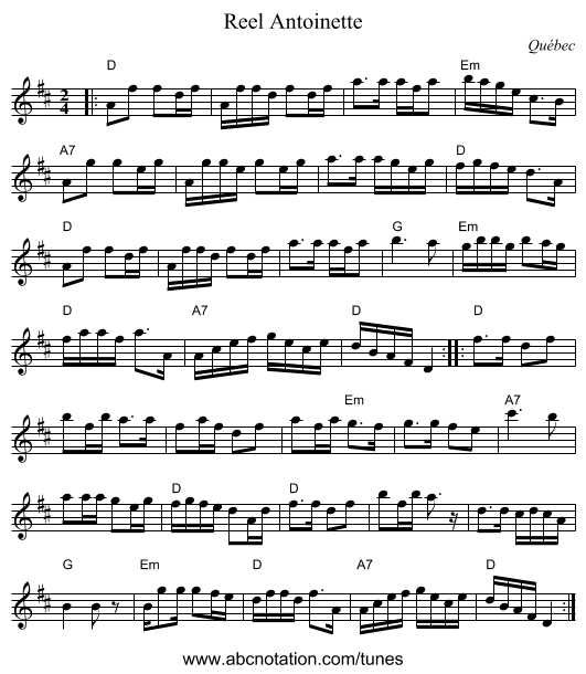 Reel Antoinette - staff notation