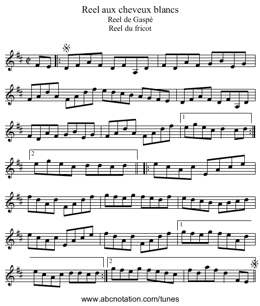 Reel aux cheveux blancs - staff notation