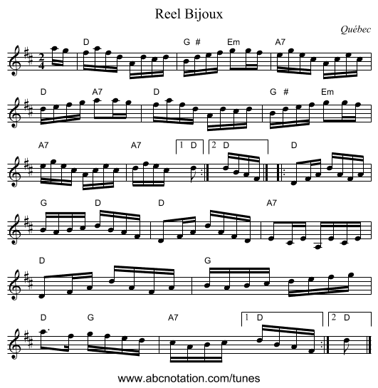 Reel Bijoux - staff notation