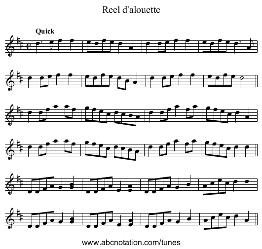 Reel d'alouette - staff notation