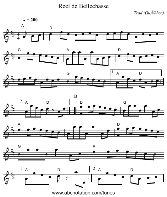 Reel de Bellechasse - staff notation