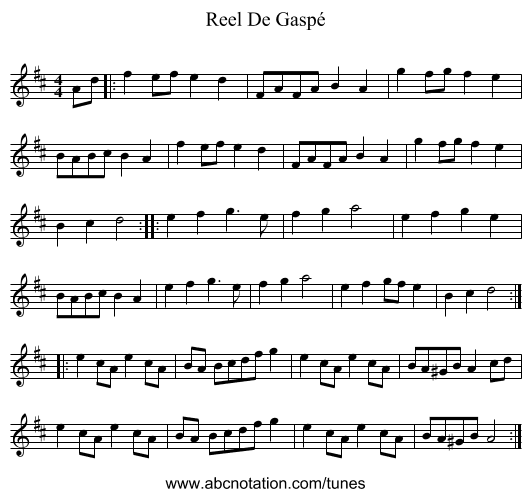 Reel De Gaspé - staff notation