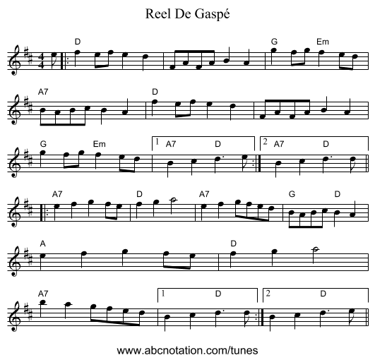 Reel De Gaspé - staff notation
