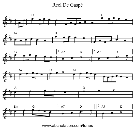 Reel De Gaspé - staff notation