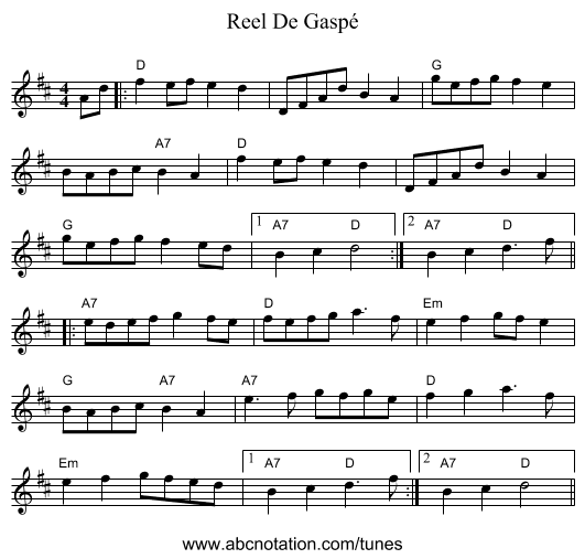 Reel De Gaspé - staff notation
