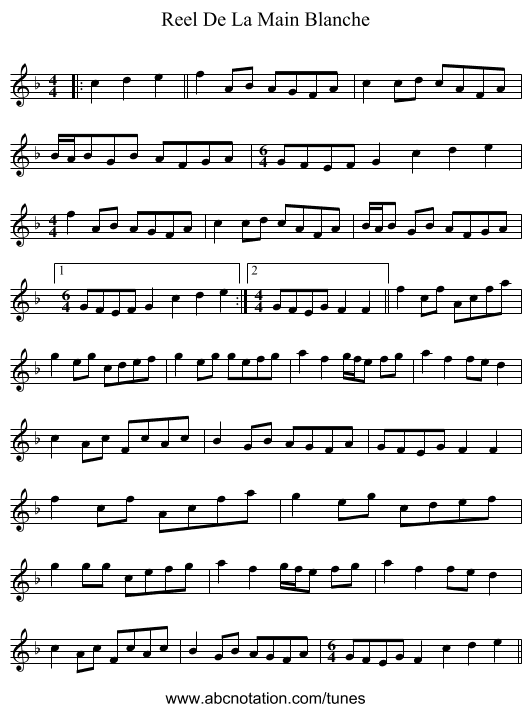 Reel De La Main Blanche - staff notation