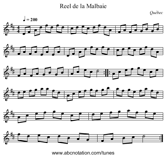 Reel de la Malbaie - staff notation
