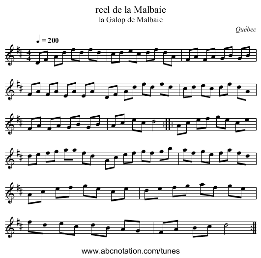 reel de la Malbaie - staff notation