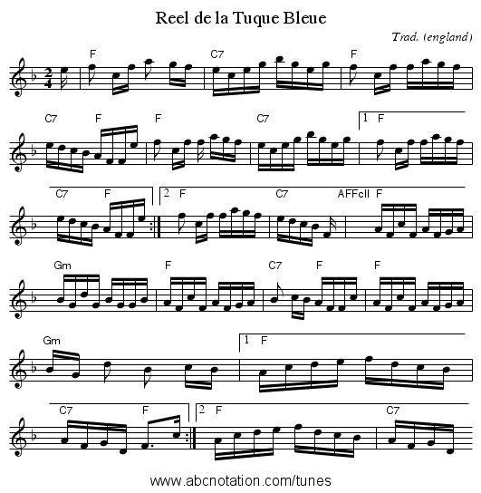 Reel de la Tuque Bleue - staff notation
