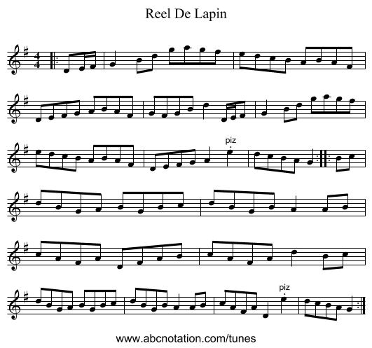 Reel De Lapin - staff notation