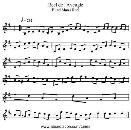Reel de l'Aveugle - staff notation