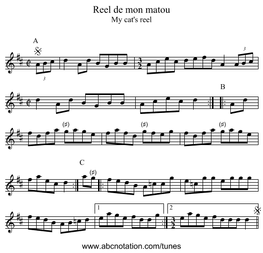 Reel de mon matou - staff notation