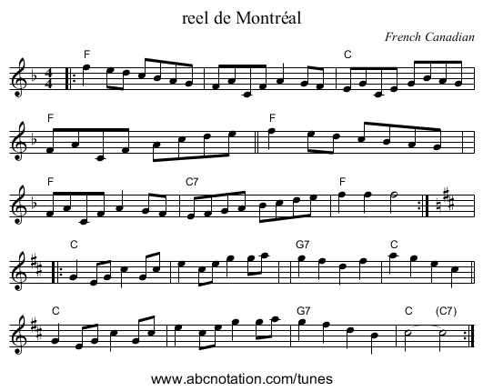 reel de Montr&eacute;al - staff notation