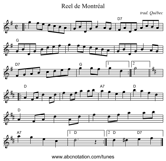 Reel de Montr&eacute;al - staff notation