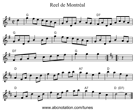 Reel de Montr&eacute;al - staff notation
