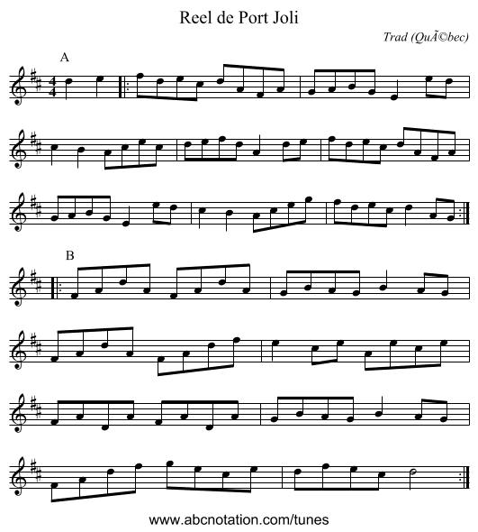 Reel de Port Joli - staff notation