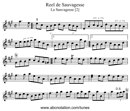Reel de Sauvagesse - staff notation