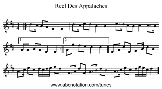 Reel Des Appalaches - staff notation