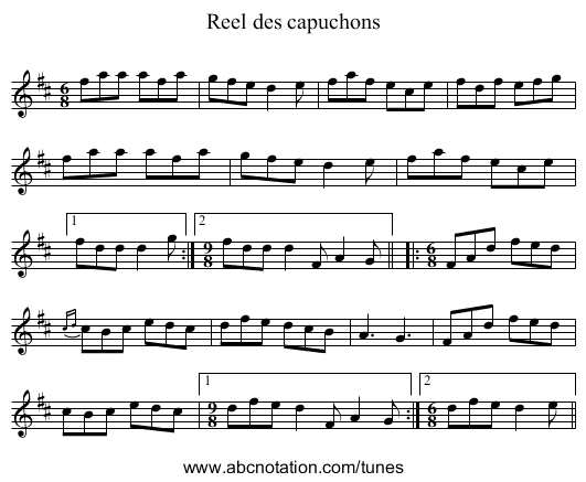 Reel des capuchons - staff notation