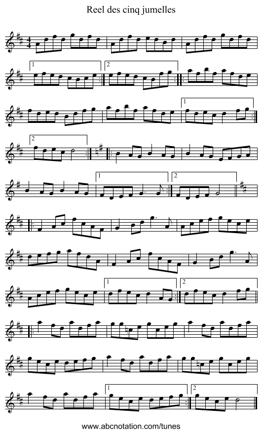 Reel des cinq jumelles - staff notation