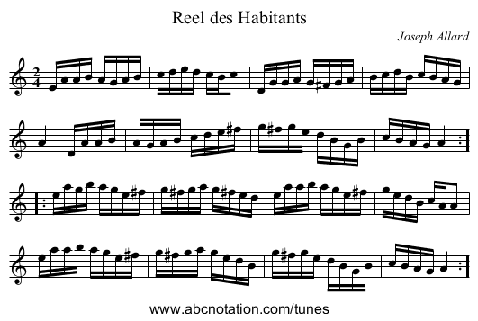 Reel des Habitants - staff notation